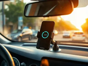 Ekran dotykowy w samochodzie z widoczną ikoną parowania Bluetooth podczas wieczornej jazdy.