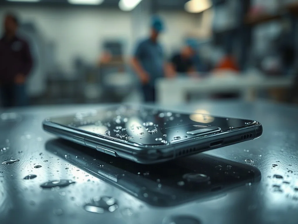 Profesjonalny smartfon na mokrej, metalowej powierzchni, podkreślający jego odporność na wodę w warunkach przemysłowych.