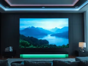 Nowoczesny telewizor 4K wyświetlający dynamiczną scenę z widocznym efektem płynności ruchu w przytulnym salonie.