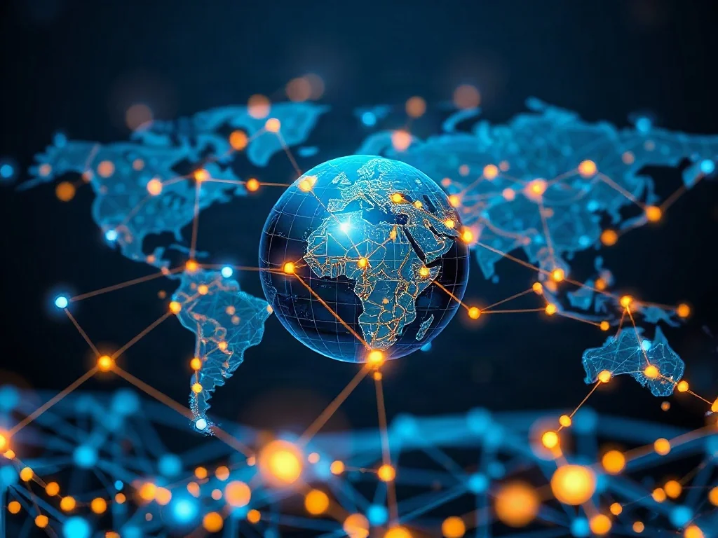 Cyfrowa wizualizacja globalnej sieci połączeń, przedstawiająca świecące węzły danych tworzące nowoczesny, technologiczny glob.