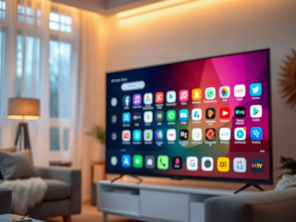 Ekran nowoczesnego telewizora Smart TV z siatką ikon aplikacji w przytulnym, wieczornym wnętrzu.