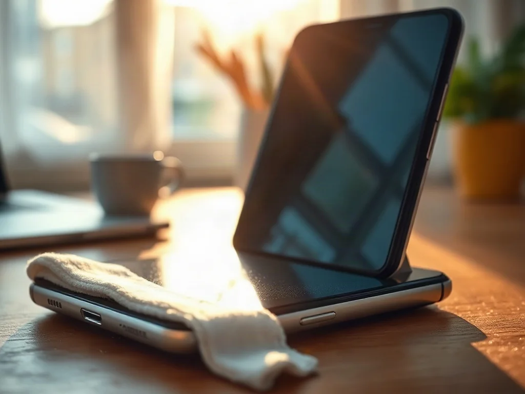 Delikatne czyszczenie ekranu smartfona ściereczką z mikrofibry w jasnym, domowym biurze.