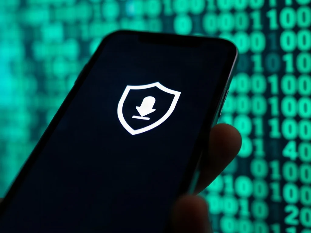 Ikona tarczy bezpieczeństwa na ekranie smartfona, symbolizująca bezpieczne pobieranie plików APK w otoczeniu kodu cyfrowego.