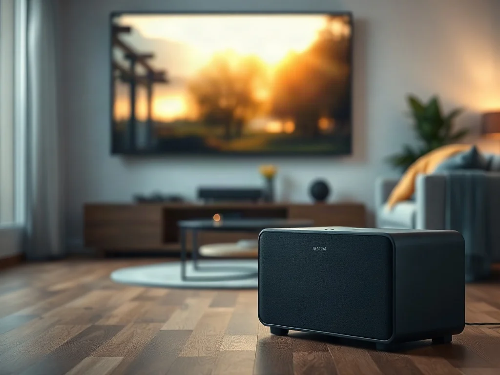 Nowoczesny soundbar z bezprzewodowym subwooferem pod telewizorem w przytulnym salonie, tworzący zestaw kina domowego.