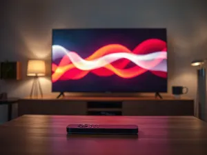 Porównanie energooszczędnego telewizora z ikoną liścia oraz standardowego modelu na biurku w domowym biurze.