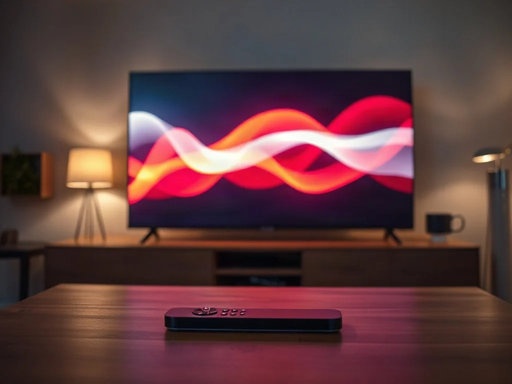 Nowoczesny telewizor z wyświetlanym cyfrowym wzorem oraz pilot na stoliku w przytulnym salonie.