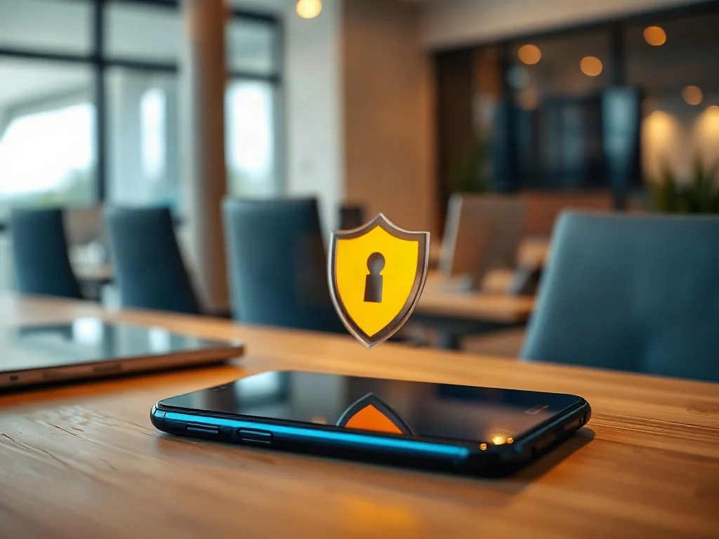 Nowoczesny smartfon z ikoną tarczy ochronnej na ekranie, symbolizujący bezpieczeństwo danych na minimalistycznym biurku.