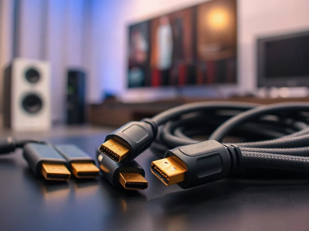 Zestaw wysokiej jakości kabli HDMI z pozłacanymi wtykami ułożonych na nowoczesnym biurku w domowym kinie.