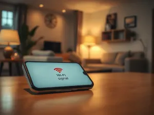 Smartfon podłączony do kabla ładowania na drewnianym biurku, z rozmytą ikoną niskiego poziomu baterii w tle.