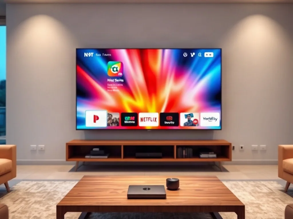 Nowoczesny salon z dużym telewizorem Smart TV wyświetlającym interfejs aplikacji streamingowych w przytulnym oświetleniu.