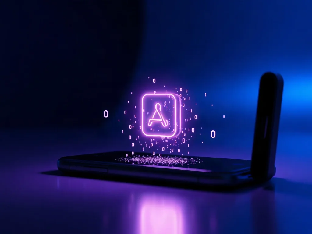 Futurystyczna ikona pakietu aplikacji unosząca się nad ekranem smartfona w otoczeniu cyfrowego kodu.