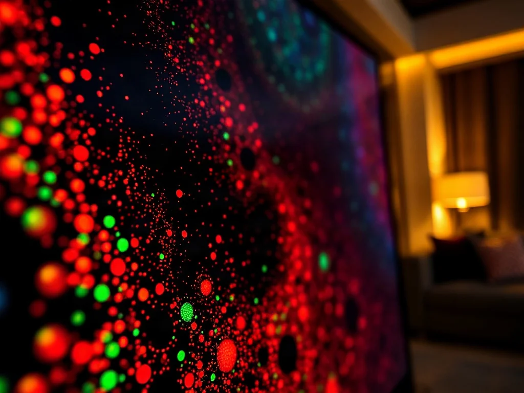 Zbliżenie na matrycę QLED ukazujące świecące kropki kwantowe w kolorach RGB, podkreślające wysoką jakość obrazu i kontrast.