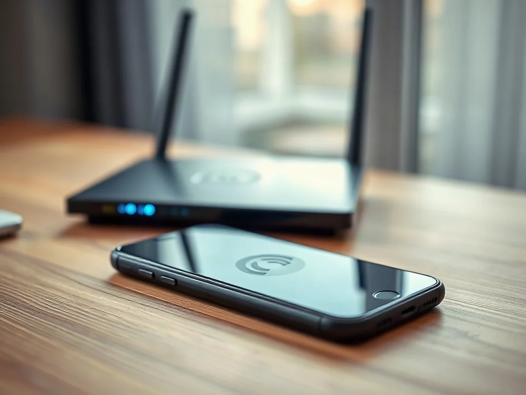 Nowoczesny smartfon z ikoną szybkiego Wi-Fi na ekranie, leżący obok routera na drewnianym biurku.