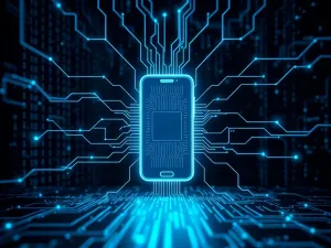 Zbliżenie na ekran smartfona z rozmytymi liniami ruchu, symbolizującymi płynne animacje interfejsu systemowego.