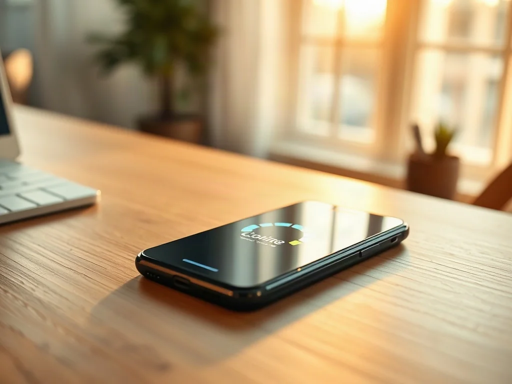 Nowoczesny smartfon leżący na biurku z ikoną ładowania systemu na ekranie, symbolizującą problemy z wydajnością urządzenia.
