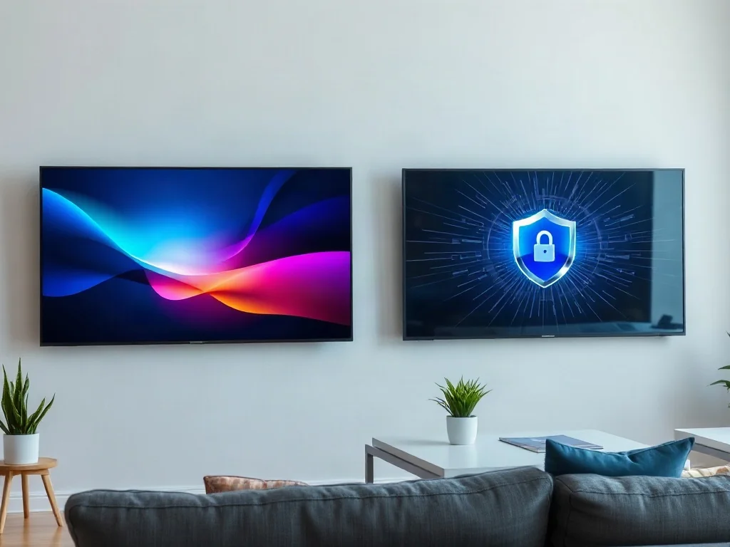 Dwa nowoczesne telewizory obok siebie: jeden z interfejsem systemowym, drugi z ikoną tarczy symbolizującą ochronę prywatności.