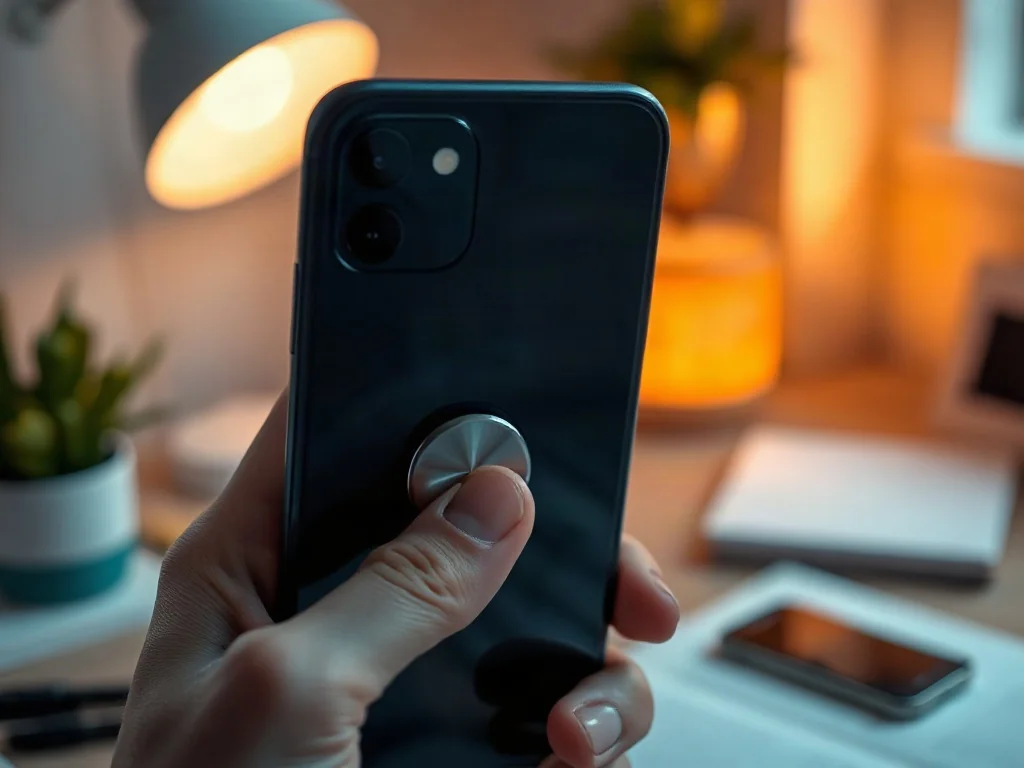 Dłoń trzymająca smartfon z eleganckim, metalowym uchwytem typu ring na tle przytulnego, wieczornego biurka.