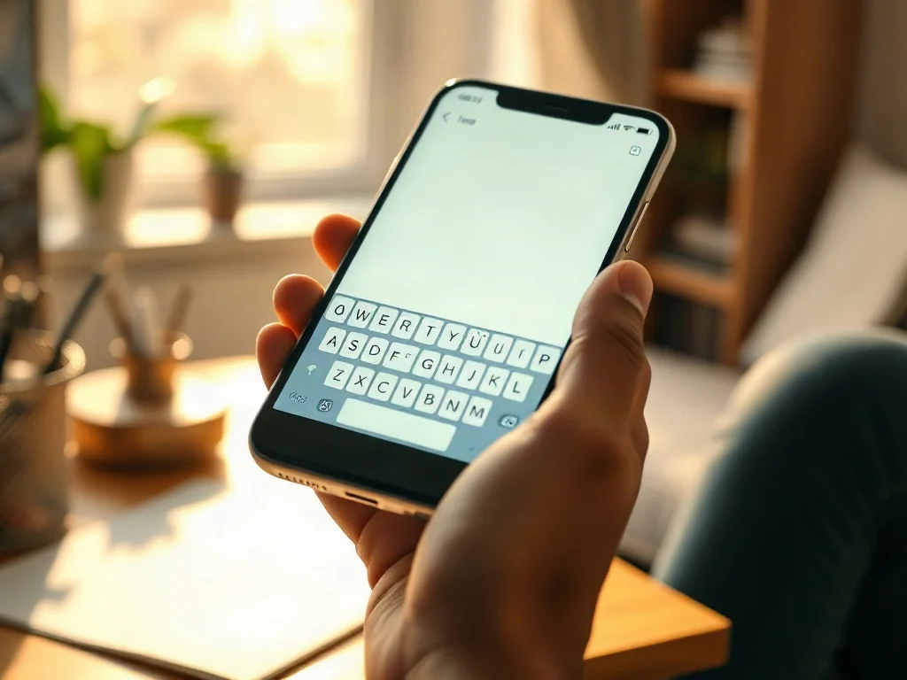 Dłonie trzymające nowoczesny smartfon z wyraźną, minimalistyczną klawiaturą ekranową w przytulnym domowym biurze.