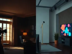 Porównanie starej anteny telefonu komórkowego z nowoczesnym modułem 5G na metalowym tle.