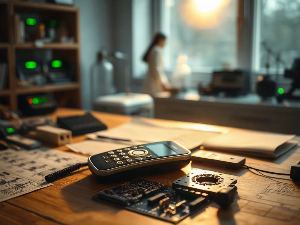 Zabytkowy telefon komórkowy z lat 90. na biurku z planami technicznymi, symbolizujący początki technologii cyfrowej.