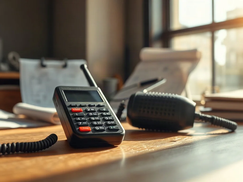 Zestawienie zabytkowego telefonu komórkowego typu „cegła” z analogowym radiotelefonem na drewnianym biurku.