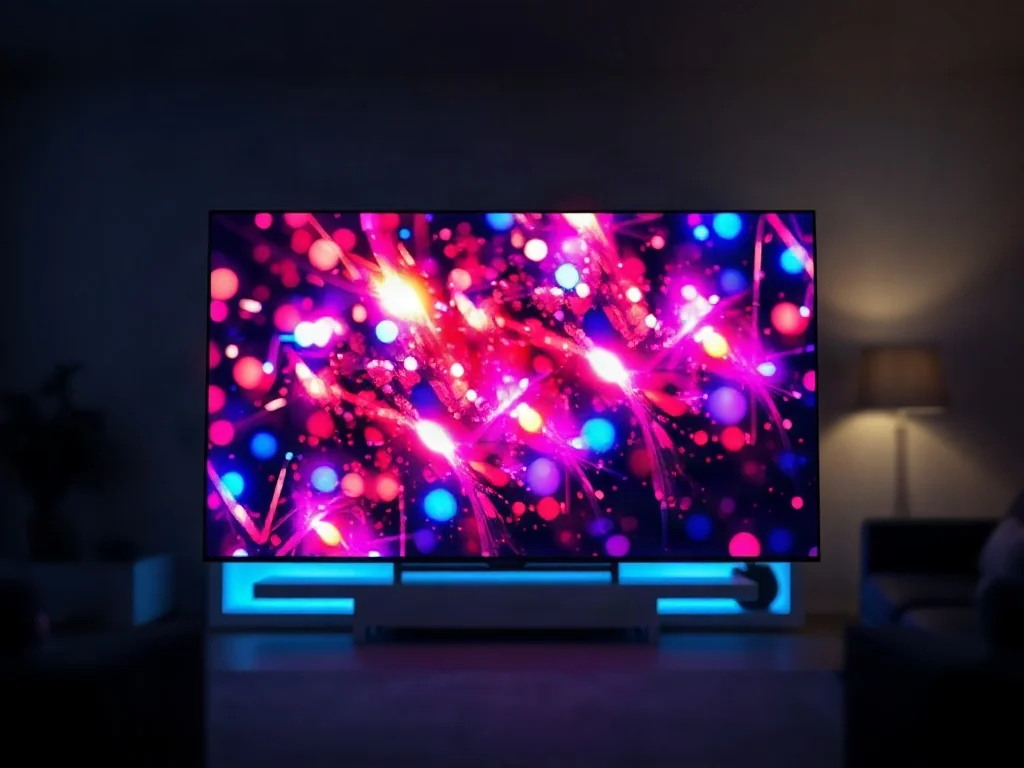 Nowoczesny, bezramkowy ekran telewizora wyświetlający żywe, kolorowe światła w ciemnym, minimalistycznym salonie.