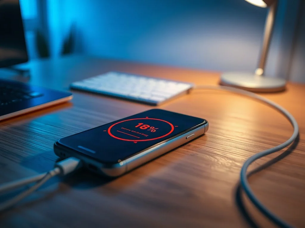 Nowoczesny smartfon z niskim poziomem naładowania baterii leżący na biurku w minimalistycznym biurze.