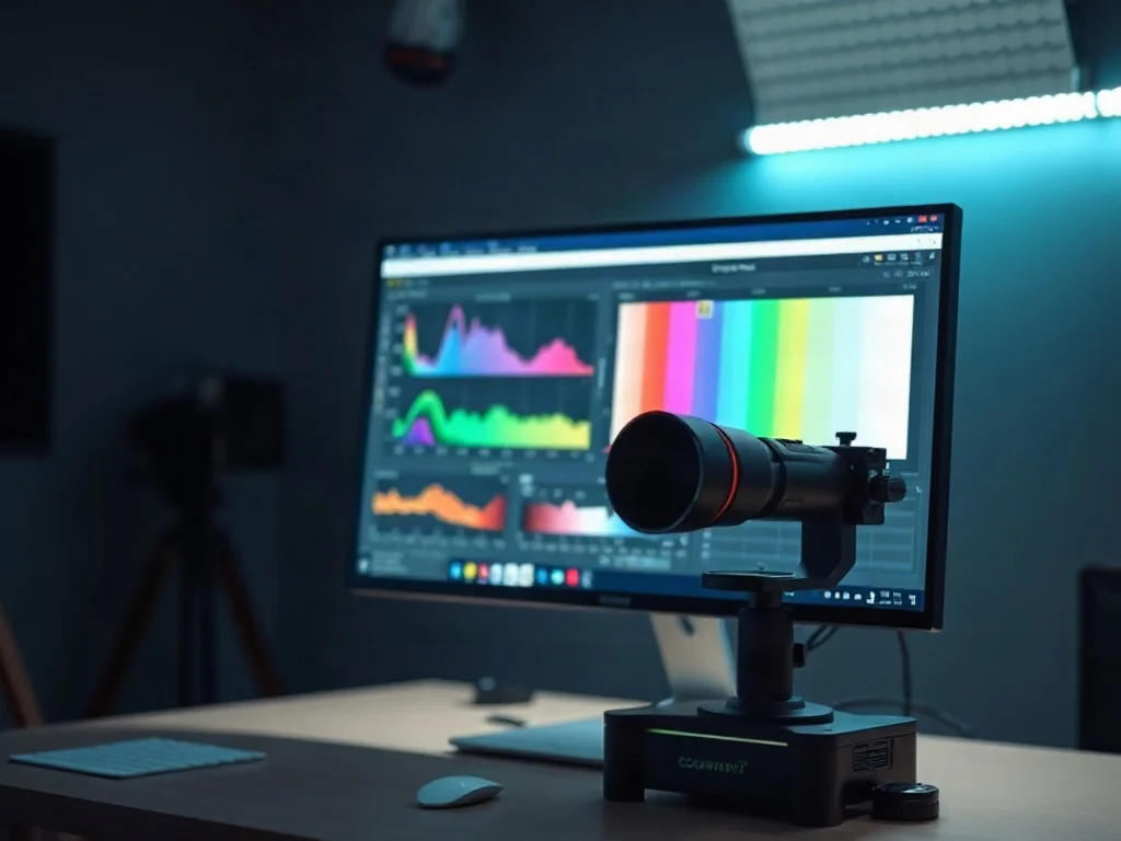 Profesjonalny kolorymetr na ekranie monitora podczas precyzyjnej kalibracji barw w nowoczesnym studiu fotograficznym.