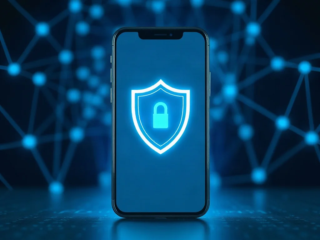 Smartfon z ikoną tarczy na tle cyfrowej sieci, symbolizujący bezpieczne i szyfrowane połączenie VPN w telefonie.