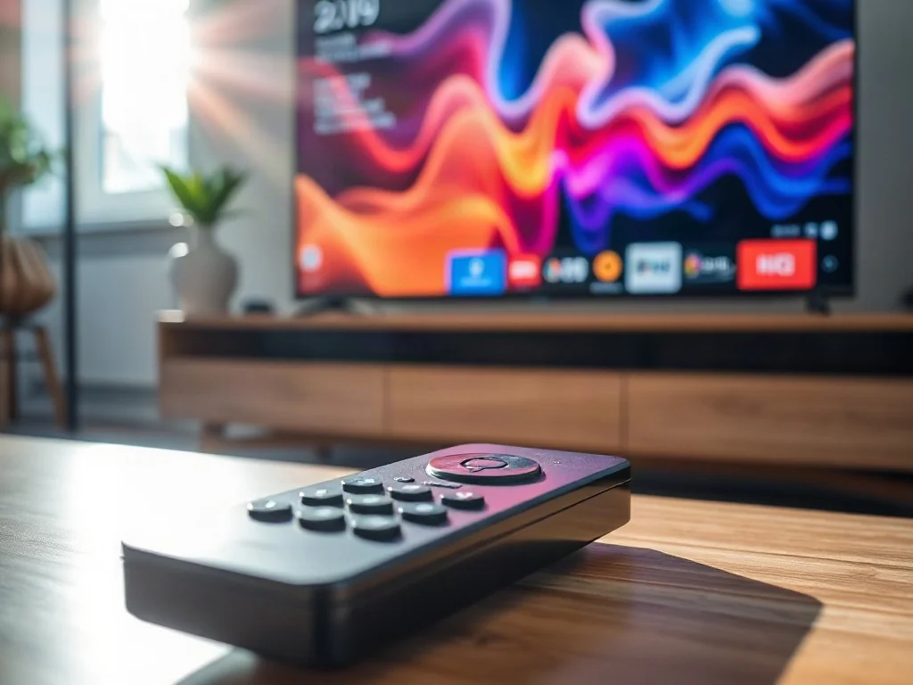 Nowoczesny pilot do telewizora leżący na drewnianym stoliku w jasnym salonie, w tle rozmyty ekran smart TV.
