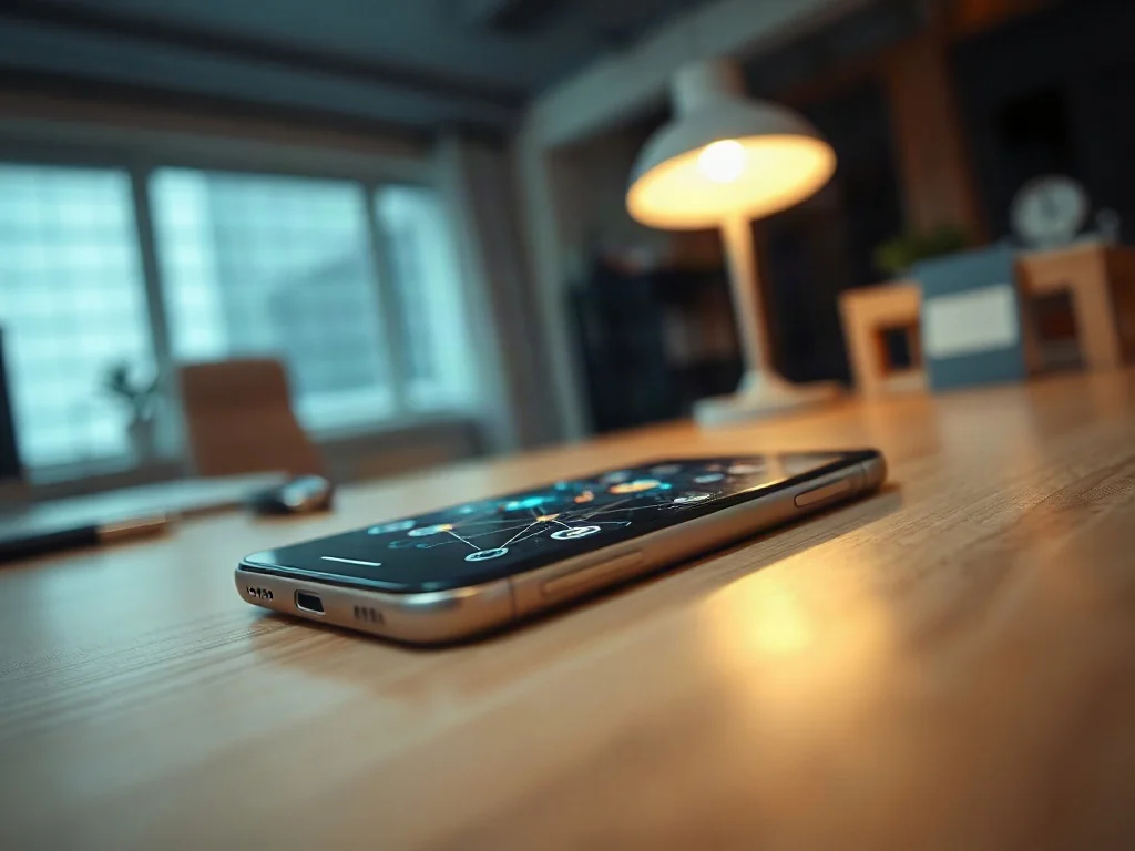 Nowoczesny smartfon na biurku z wizualizacją procesów i danych działających w tle aplikacji.