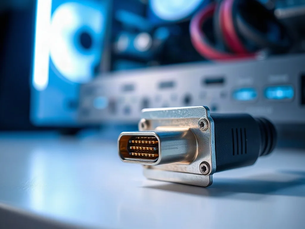 Zbliżenie na nowoczesny kabel HDMI oraz starsze złącze VGA leżące na biurku, obrazujące różnice w standardach przesyłu danych.