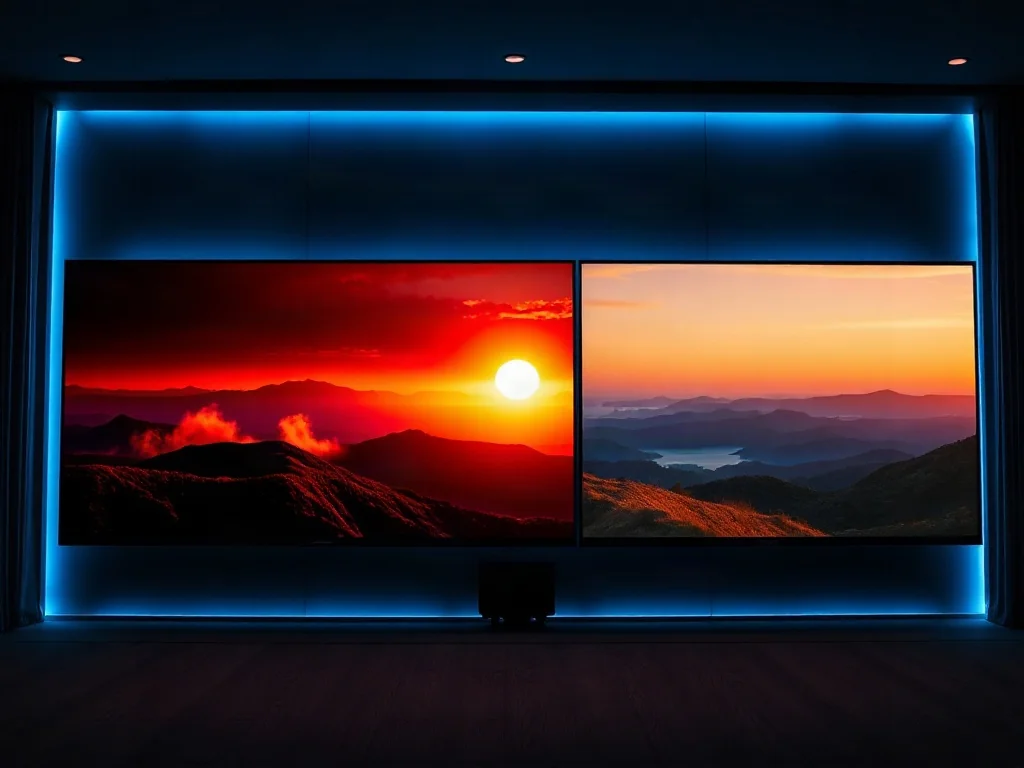 Dwa nowoczesne telewizory 4K zestawione obok siebie, prezentujące różnice w kontraście i kolorystyce obrazu HDR.