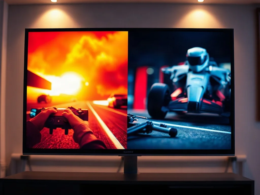 Ekran telewizora podzielony na pół, prezentujący różnice w obrazie między intensywną grafiką gier a kinową kolorystyką filmu.