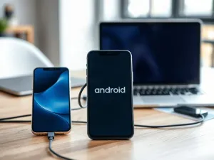 Nowoczesne biurko z laptopem i smartfonem, na których wyświetlają się ikony uporządkowanych folderów i danych.