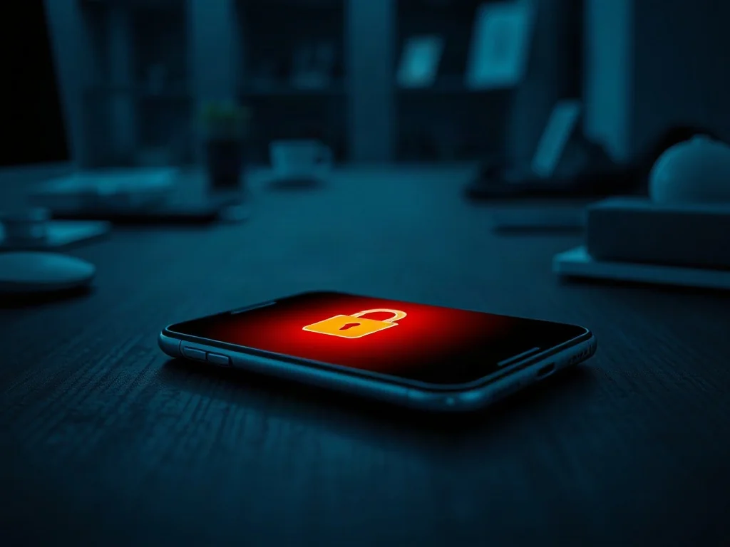 Nowoczesny smartfon z czerwoną ikoną kłódki na ekranie, symbolizujący zdalne zabezpieczenie urządzenia przed kradzieżą.
