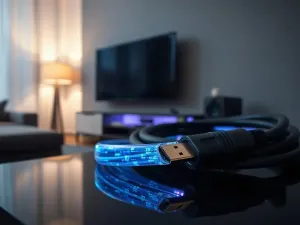 Złącza HDMI i DisplayPort leżące obok siebie na ciemnym tle, gotowe do podłączenia do telewizora.