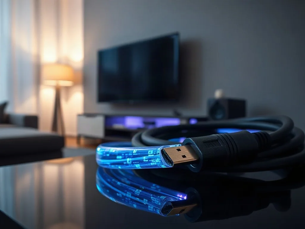 Zwoje kabla HDMI z włókna światłowodowego emitujące niebiesko-fioletowe światło, symbolizujące szybką transmisję danych.