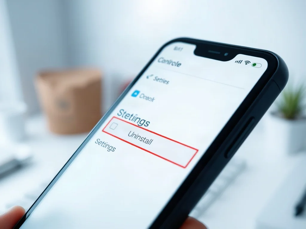 Ekran smartfona z widocznym menu ustawień i podświetlonym przyciskiem odinstalowywania aplikacji.