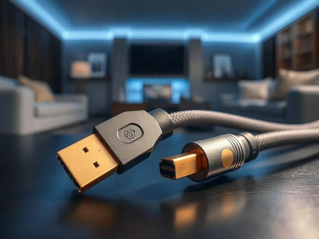 Porównanie wysokiej jakości miedzianego kabla HDMI oraz światłowodowego przewodu na nowoczesnym, ciemnym tle.