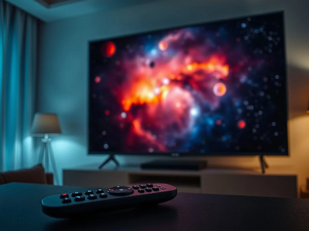 Nowoczesny telewizor LED wyświetlający mgławicę, prezentujący głębię czerni i wysoki kontrast w przyciemnionym salonie.