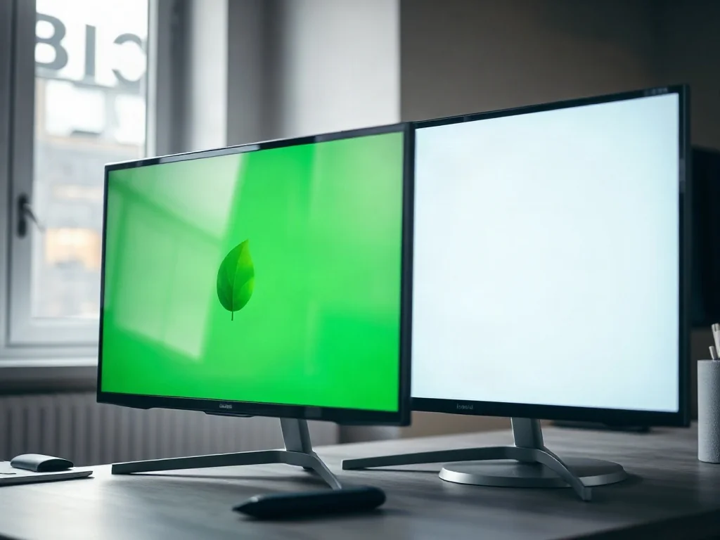 Porównanie energooszczędnego telewizora z ikoną liścia oraz standardowego modelu na biurku w domowym biurze.