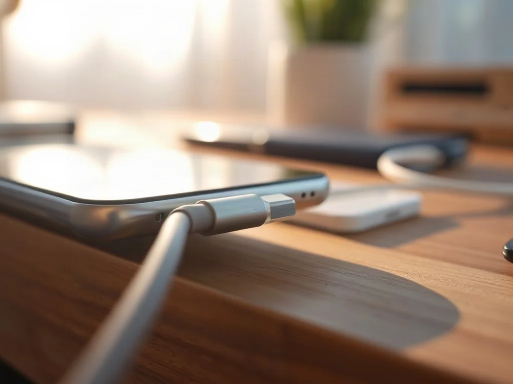 Kabel ładowarki podłączony do smartfona na drewnianym biurku w świetle poranka, symbolizujący proces ładowania urządzenia.