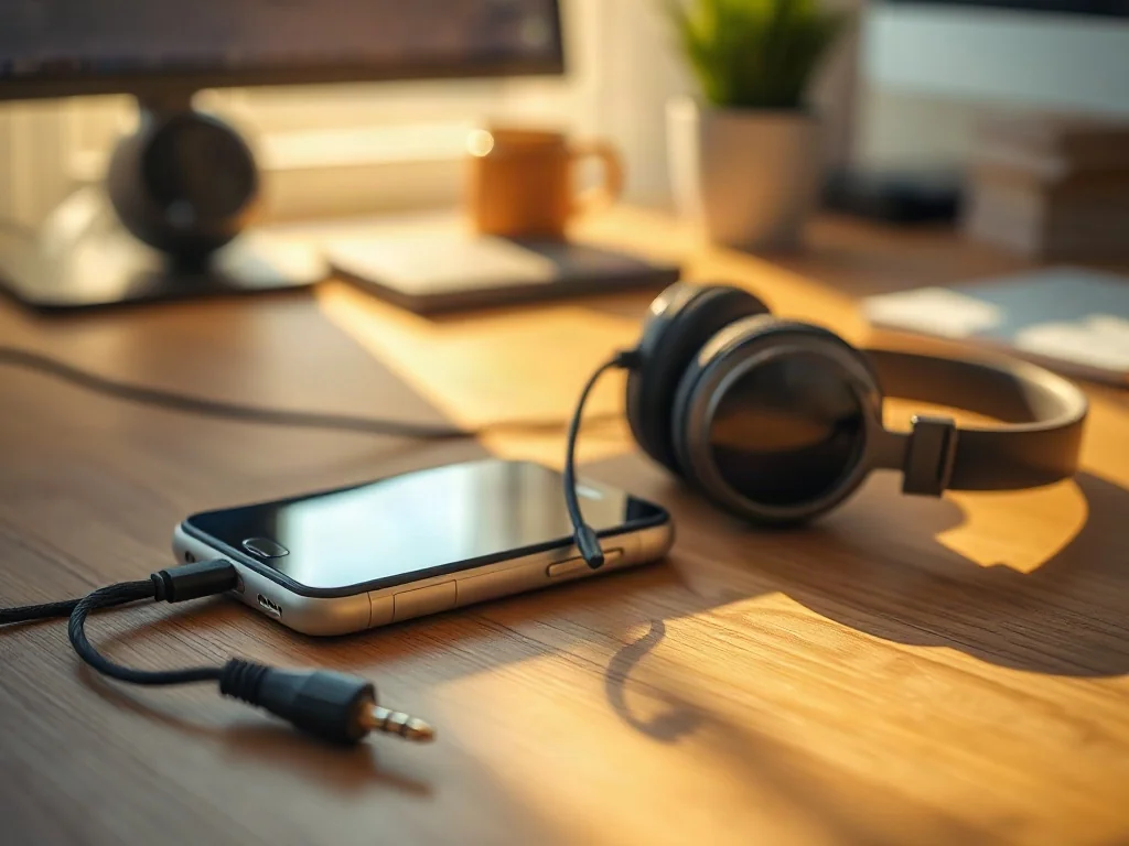 Nowoczesny smartfon i słuchawki na drewnianym biurku, ilustrujące proces łączenia urządzeń audio.