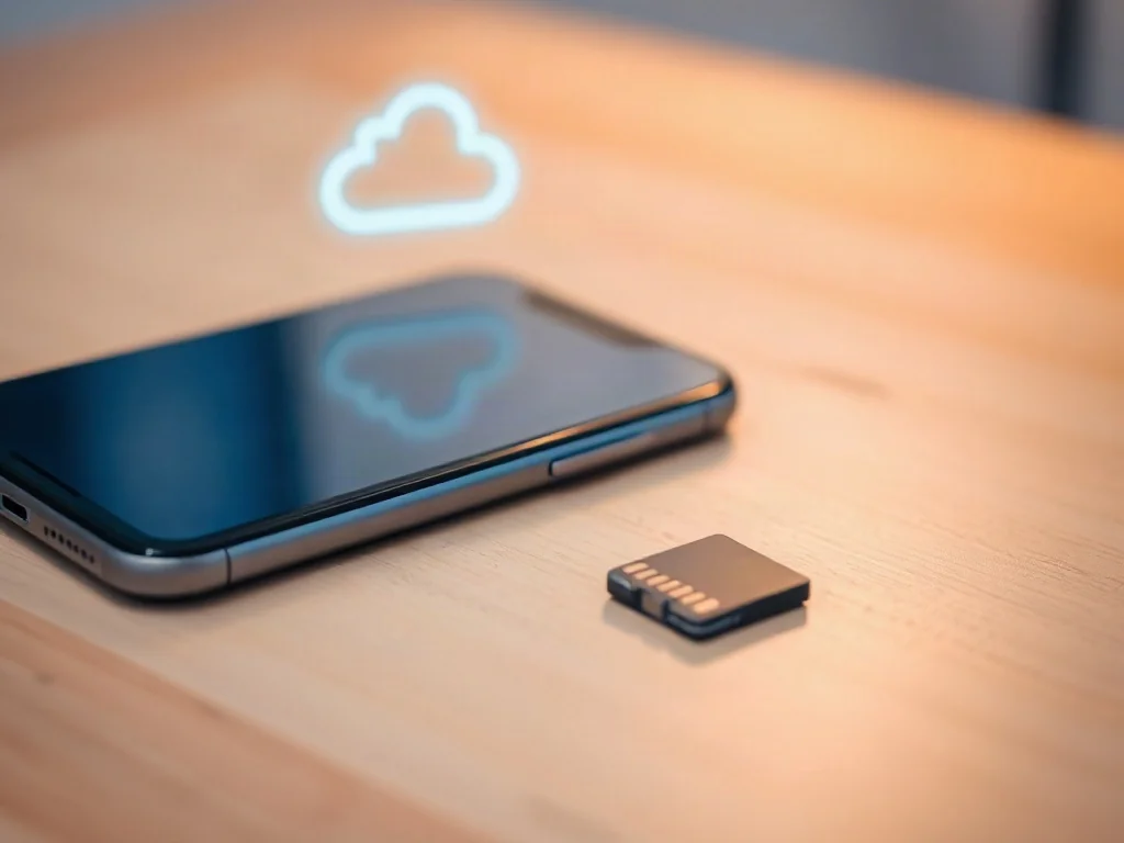 Smartfon i karta pamięci na drewnianym biurku z cyfrową ikoną chmury w tle, ilustrujące wybór między nośnikiem a chmurą.