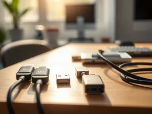 Kabel światłowodowy z niebieskim podświetleniem na minimalistycznym biurku, symbolizujący szybki przesył danych.