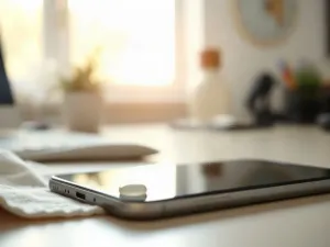 Nowoczesny smartfon z wieloma powiadomieniami na ekranie leżący na biurku obok ładowarki podłączonej do prądu.