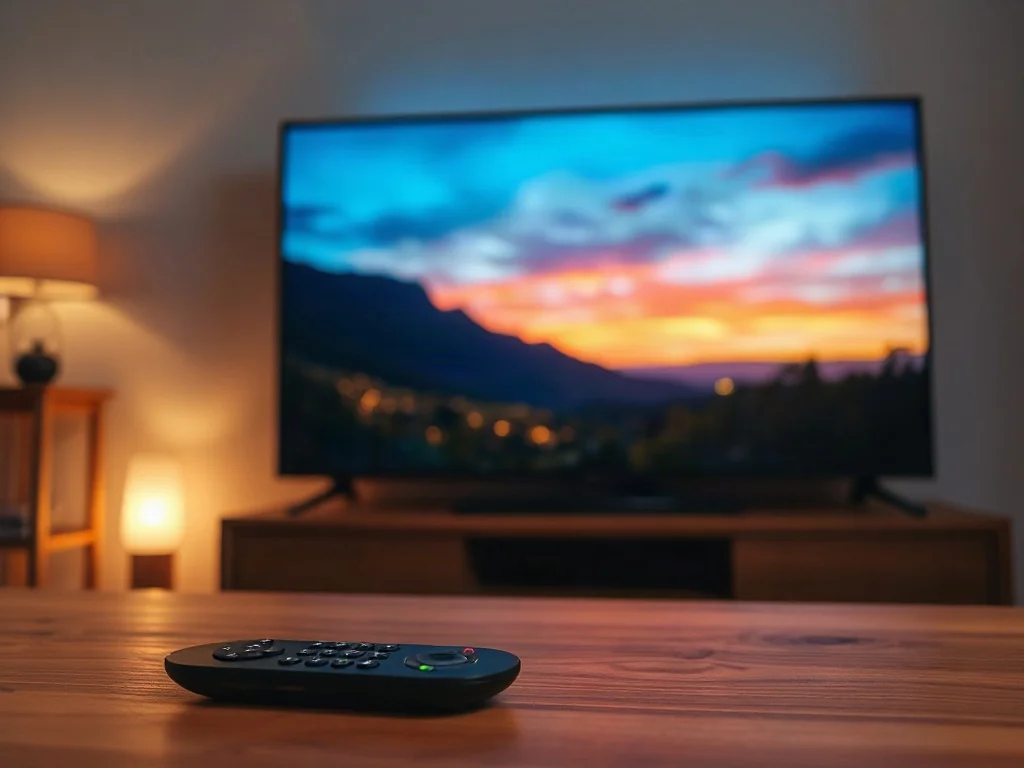 Nowoczesny telewizor z żywym obrazem w przyciemnionym salonie oraz pilot leżący na stoliku kawowym.