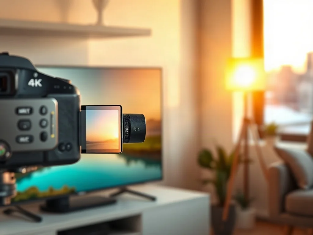 Nowoczesny aparat cyfrowy podłączony kablem HDMI do telewizora 4K, wyświetlającego wyraźny obraz krajobrazu.
