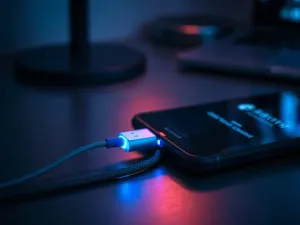 Nowoczesny smartfon z symbolem dual SIM na biurku, podkreślający funkcjonalność urządzenia w pracy.